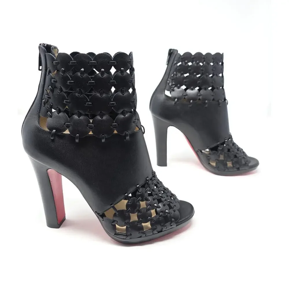 Christian Louboutin Amazona Black Leather Boots Peep Toe Bootie Heel 36.5 US 6.5